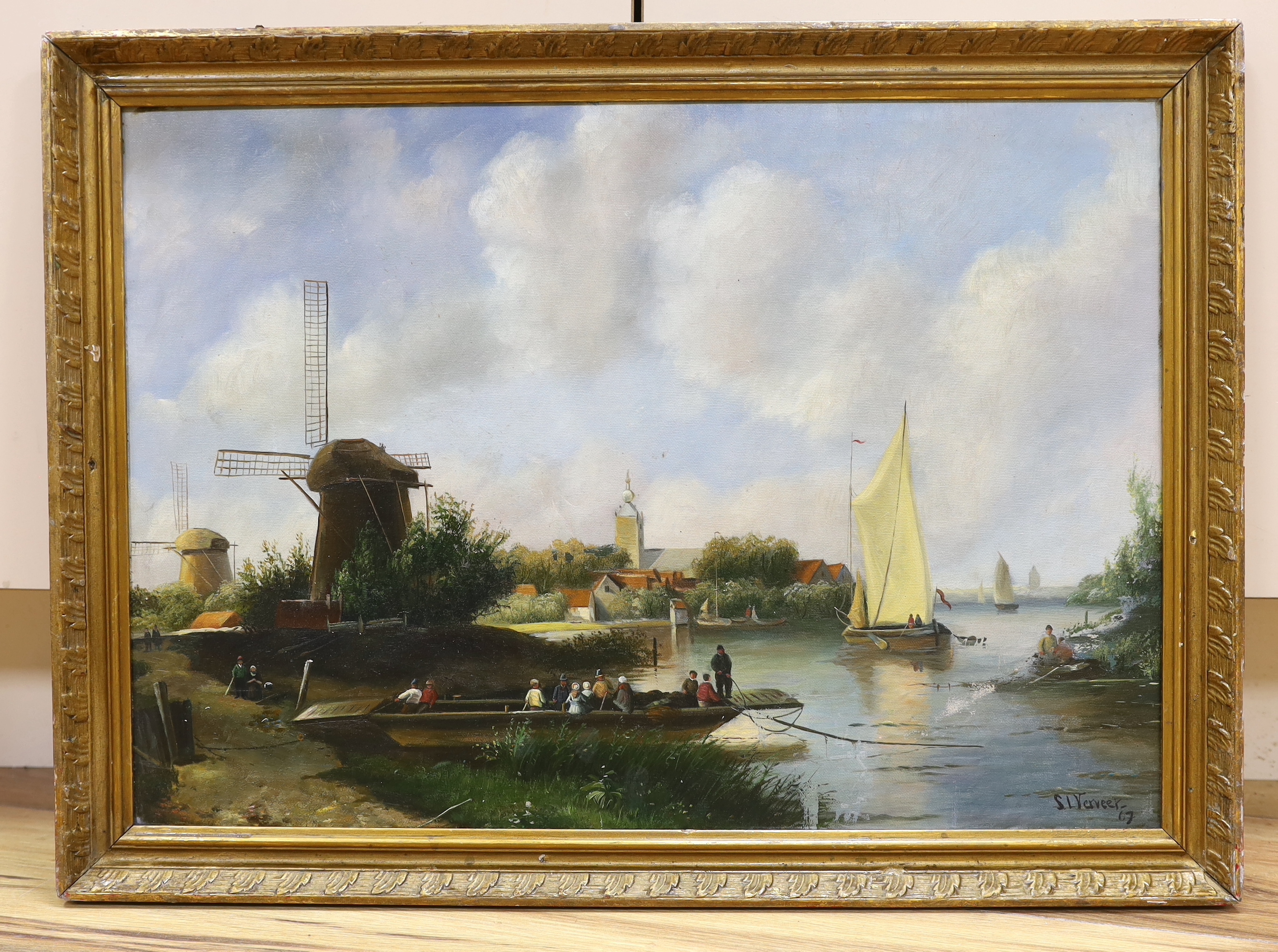 S.L.Verveer, oil on board, River landscape with windmills and figures in boats, signed and dated '67, 38 x 54cm